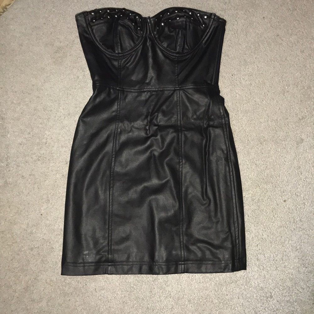 Faux leather strapless dress